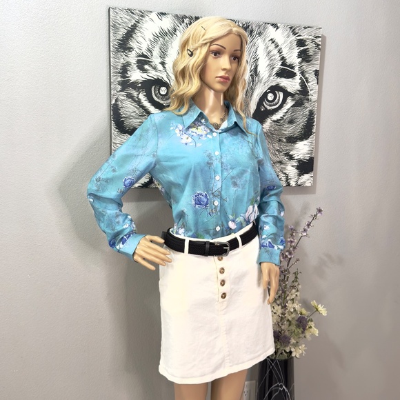 Teal Long Sleeve Floral Print Blouse - Picture 3 of 3